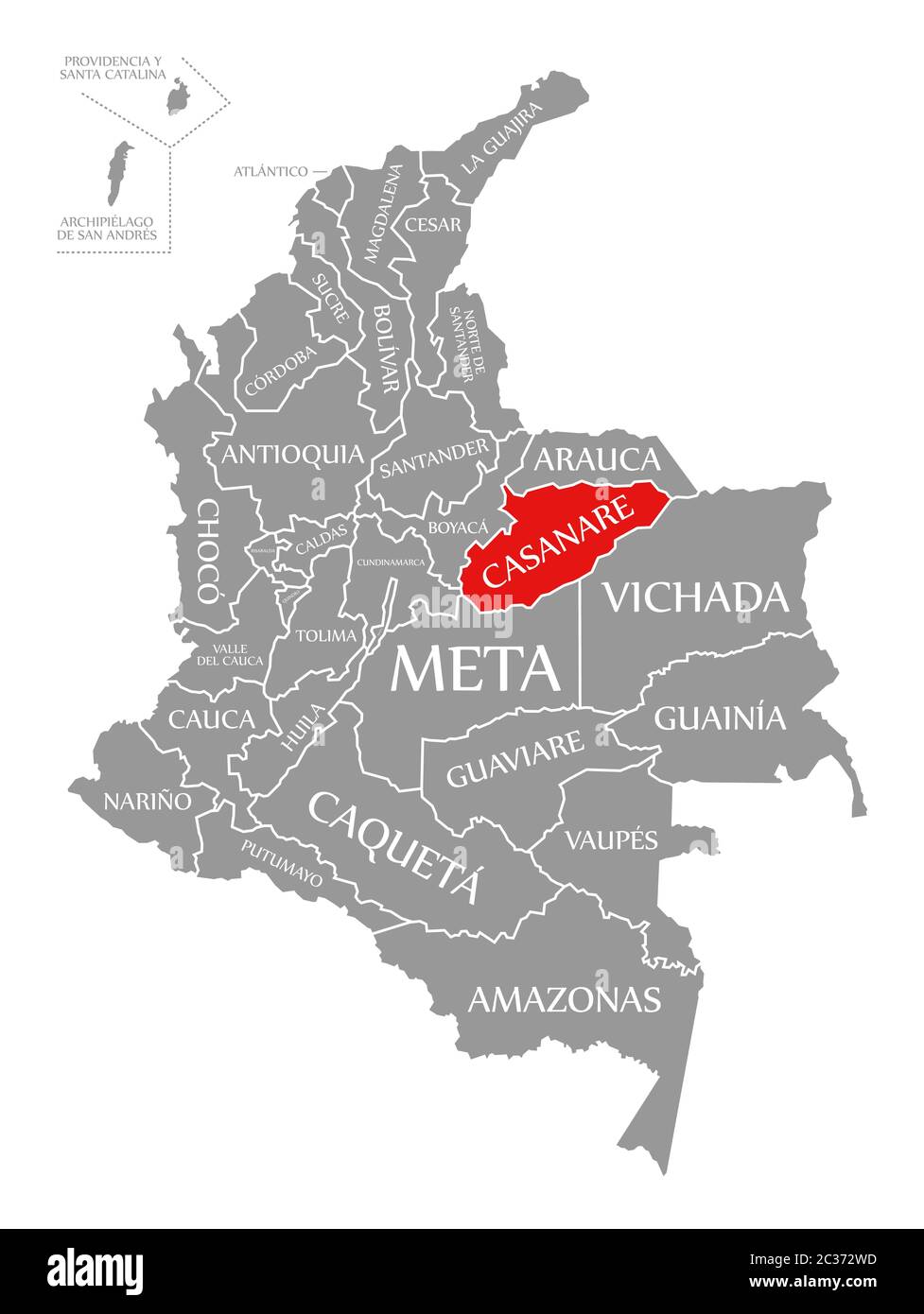 Casanare red highlighted in map of Colombia Stock Photo