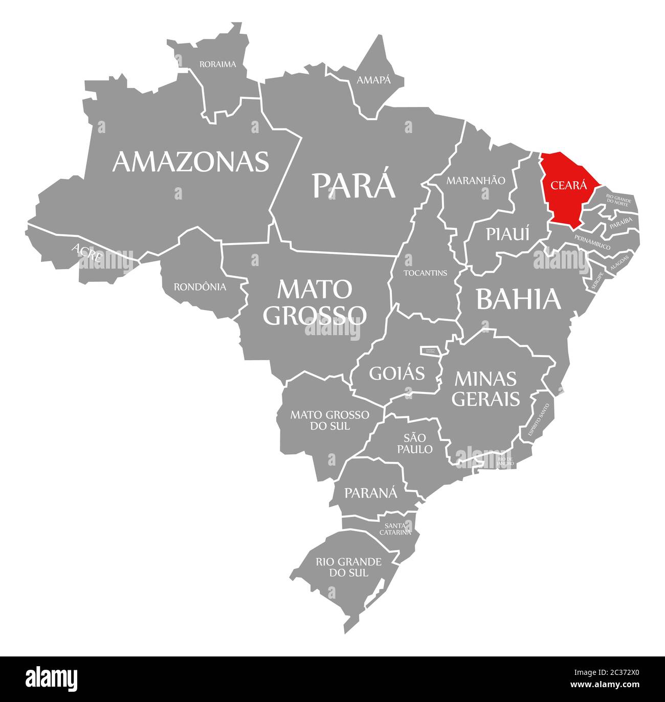 Ceara red highlighted in map of Brazil Stock Photo
