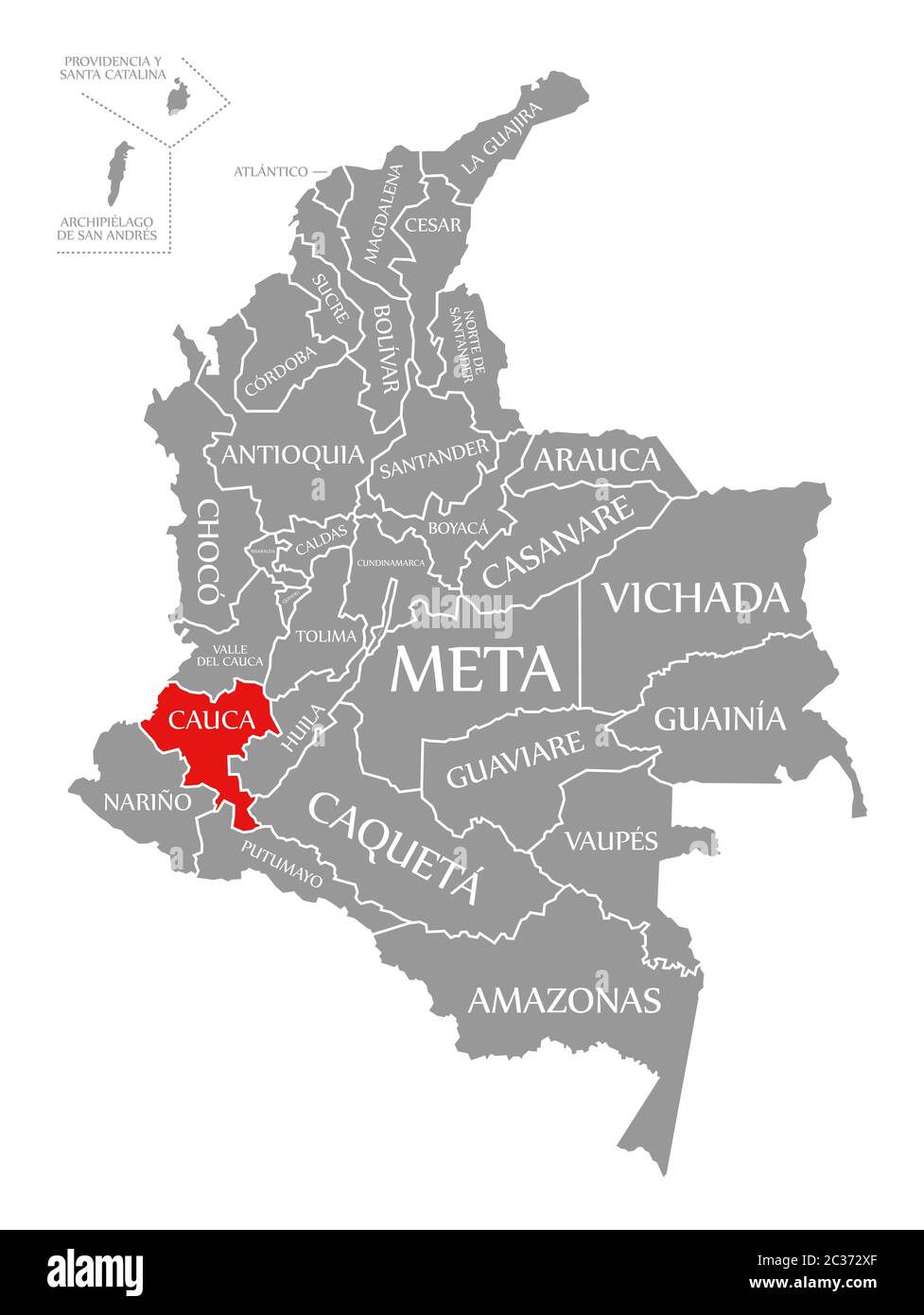 Cauca red highlighted in map of Colombia Stock Photo