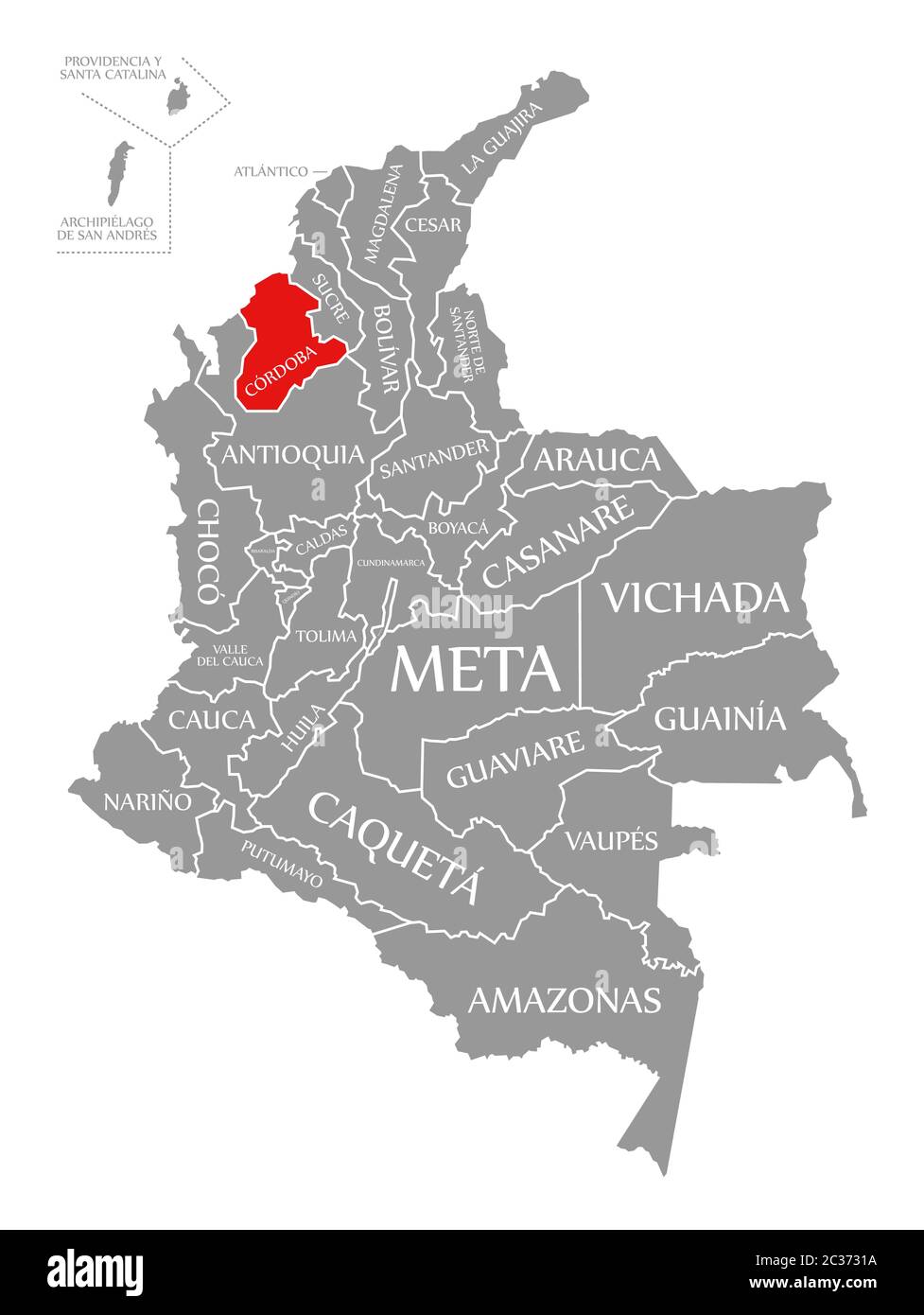 Cordoba red highlighted in map of Colombia Stock Photo