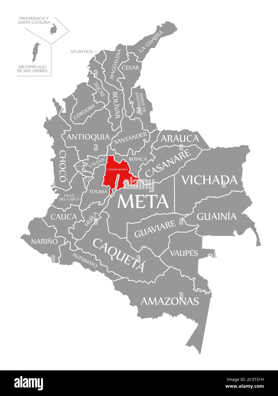 Cundinamarca red highlighted in map of Colombia Stock Photo