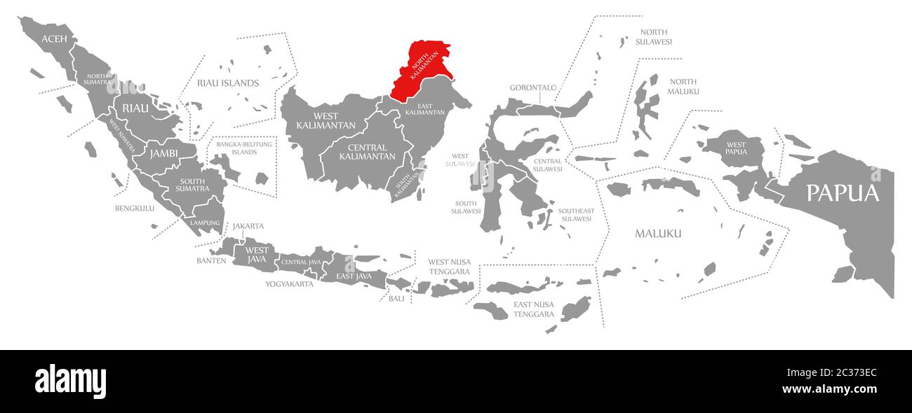 North Kalimantan red highlighted in map of Indonesia Stock Photo