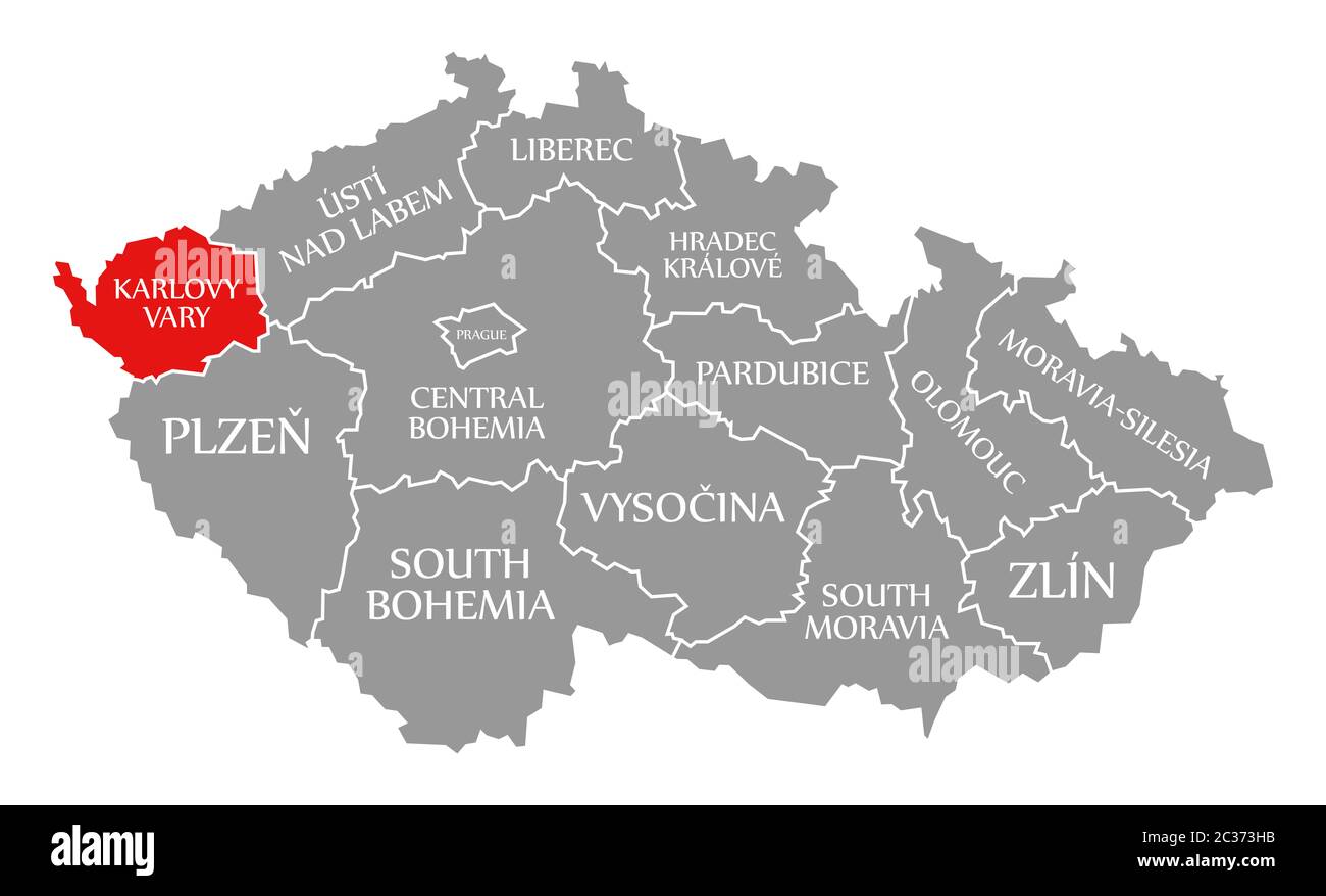 Karlovy Vary red highlighted in map of Czech Republic Stock Photo