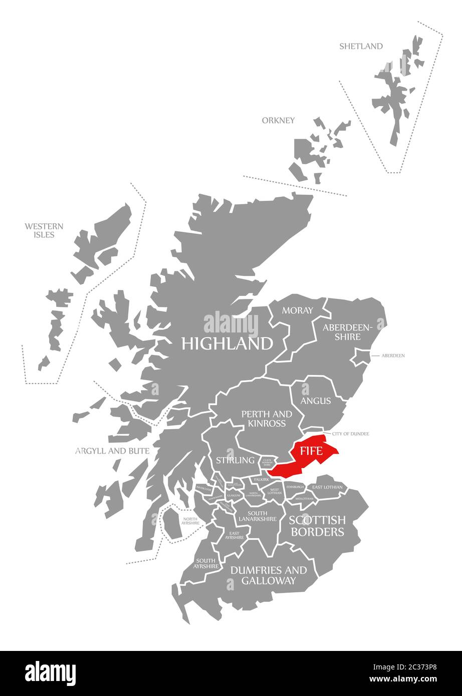 Fife red highlighted in map of Scotland UK Stock Photo