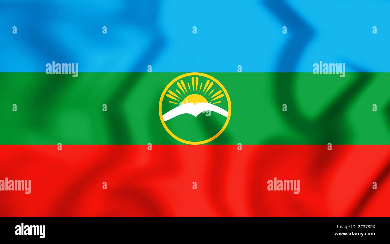 3D Flag of Karachay-Cherkess Republic, Russia. 3D Illustration. Stock Photo