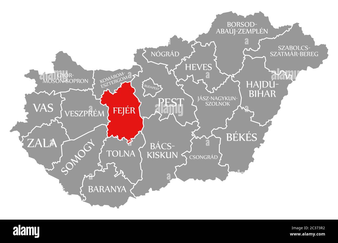 Fejer red highlighted in map of Hungary Stock Photo