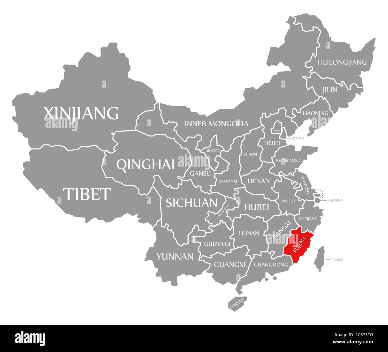 Fujian red highlighted in map of China Stock Photo