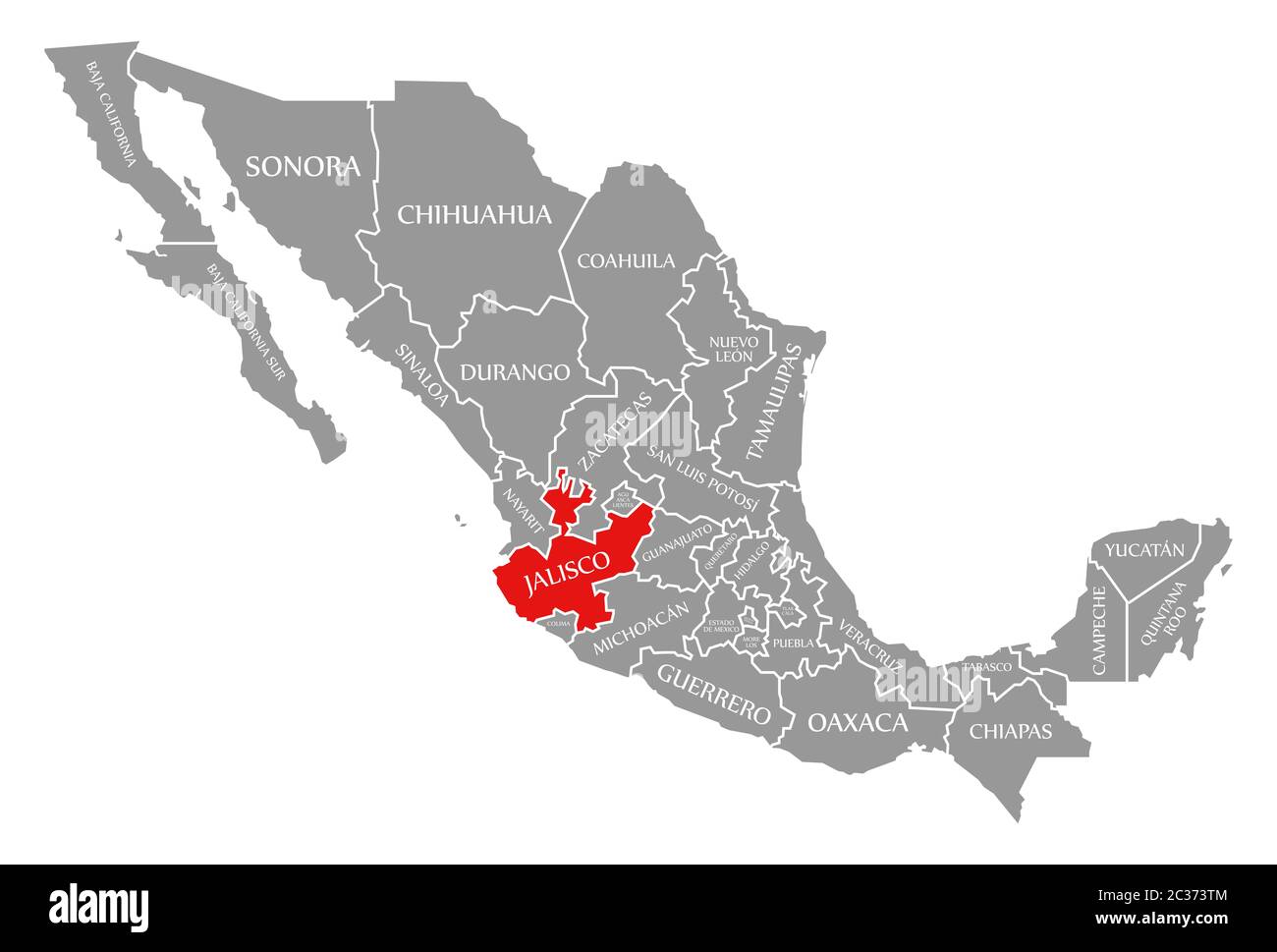 Jalisco red highlighted in map of Mexico Stock Photo
