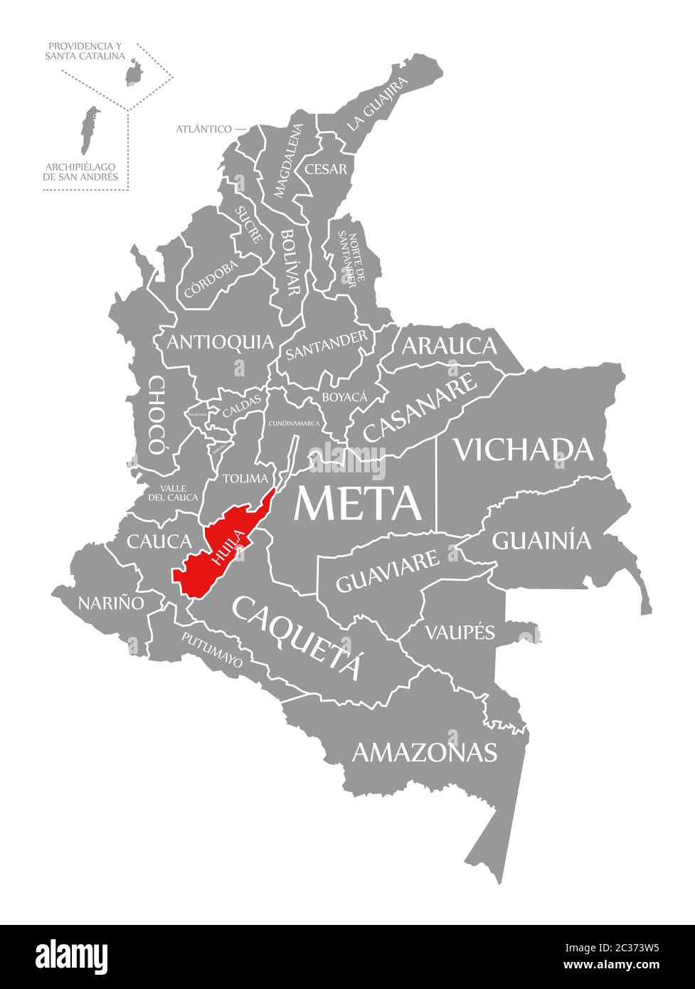 Huila red highlighted in map of Colombia Stock Photo
