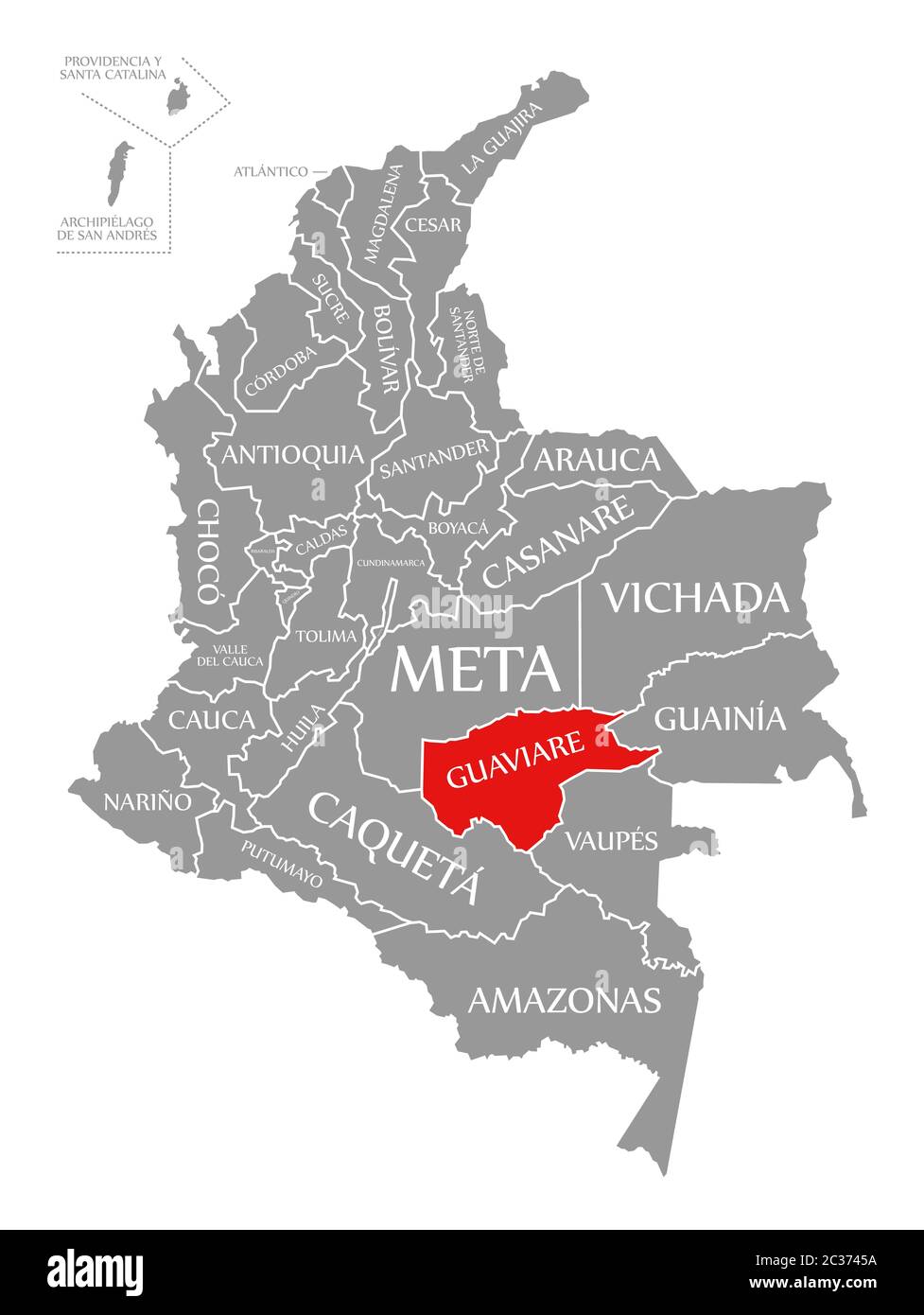 Guaviare red highlighted in map of Colombia Stock Photo