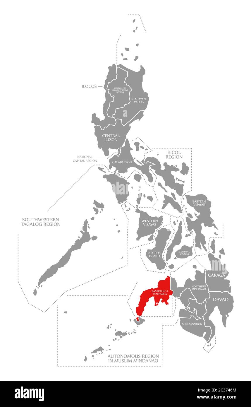 Zamboanga Peninsula red highlighted in map of Philippines Stock Photo