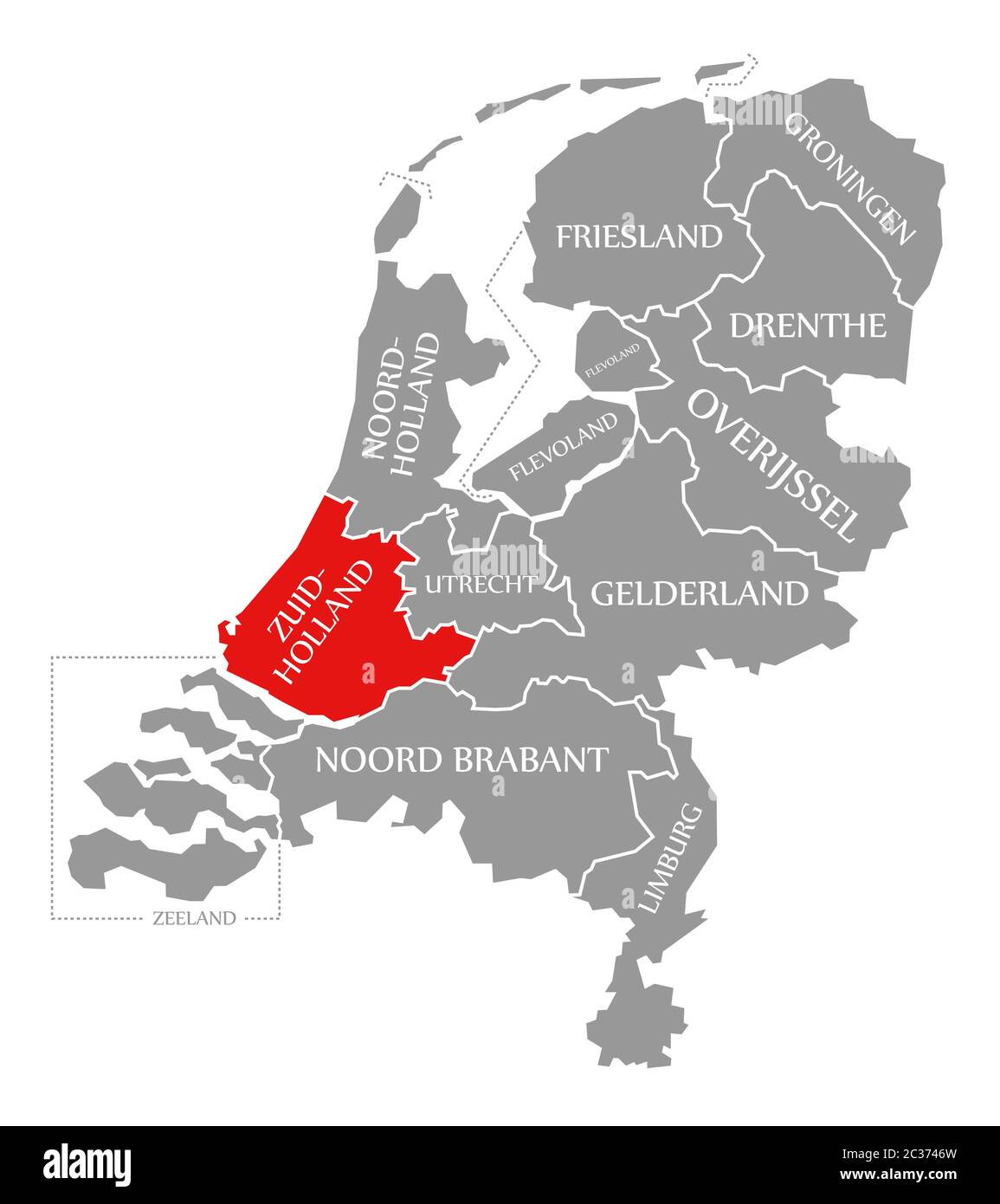 Zuid Holland red highlighted in map of Netherlands Stock Photo