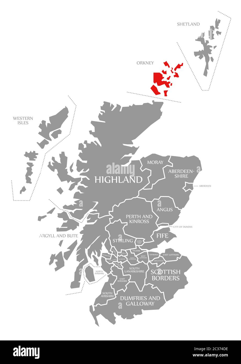 Orkney red highlighted in map of Scotland UK Stock Photo