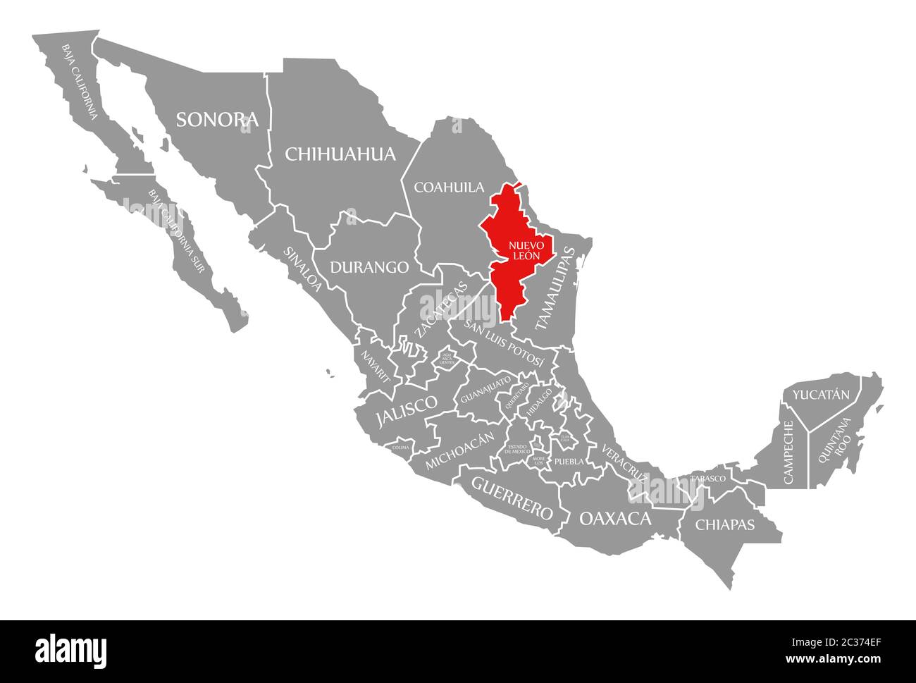 Nuevo Leon red highlighted in map of Mexico Stock Photo - Alamy