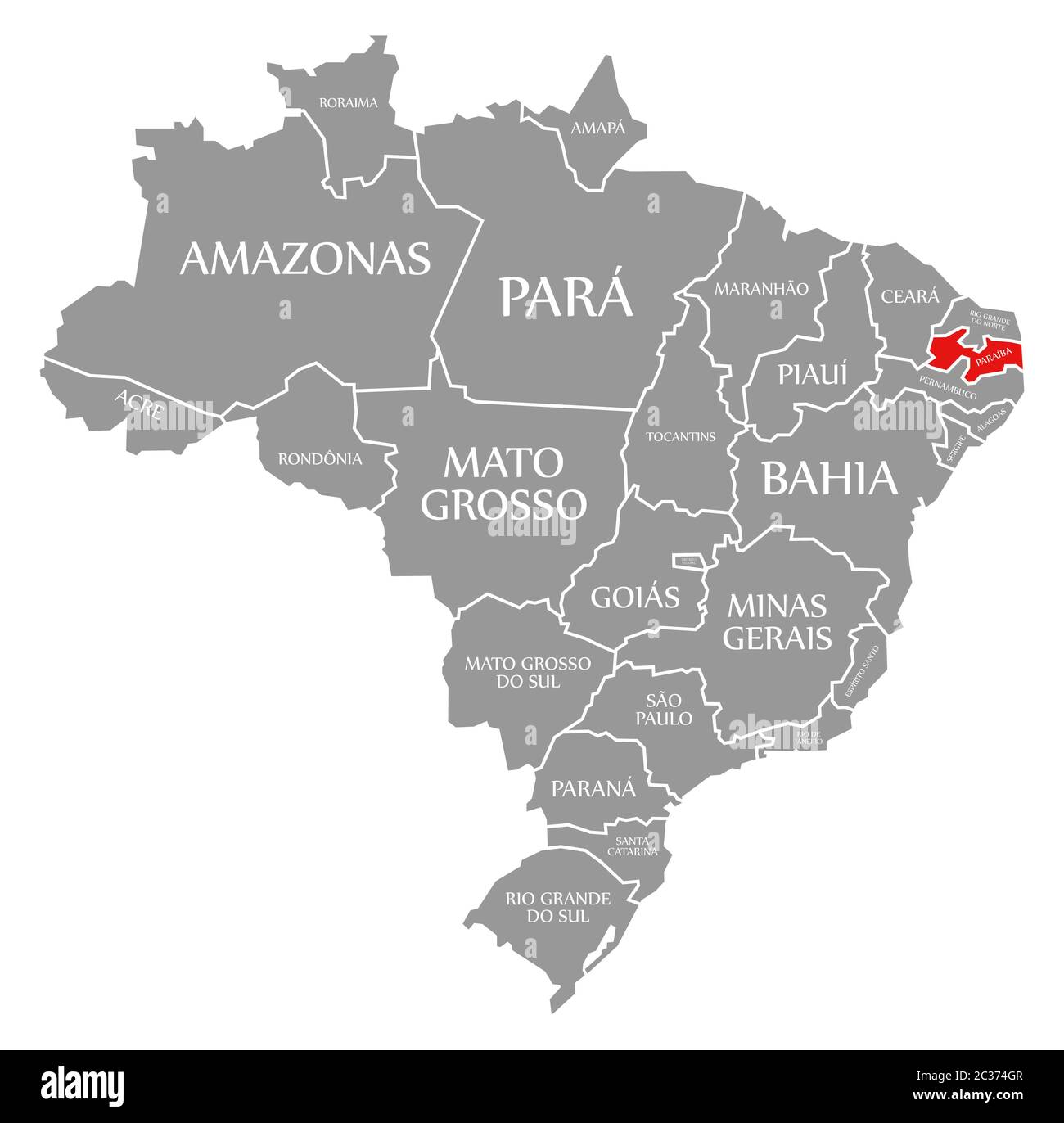 Paraiba red highlighted in map of Brazil Stock Photo