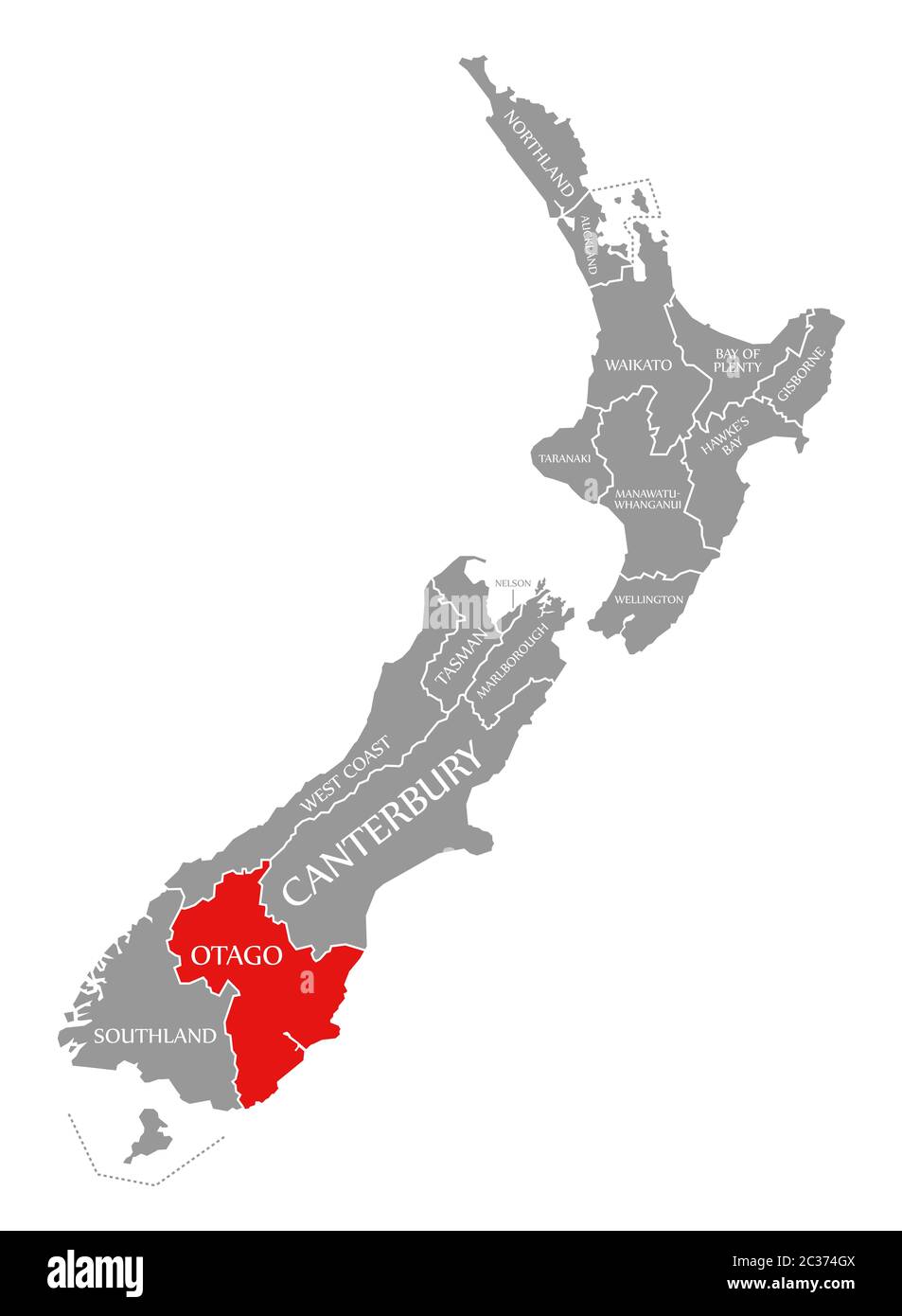 Otago red highlighted in map of New Zealand Stock Photo
