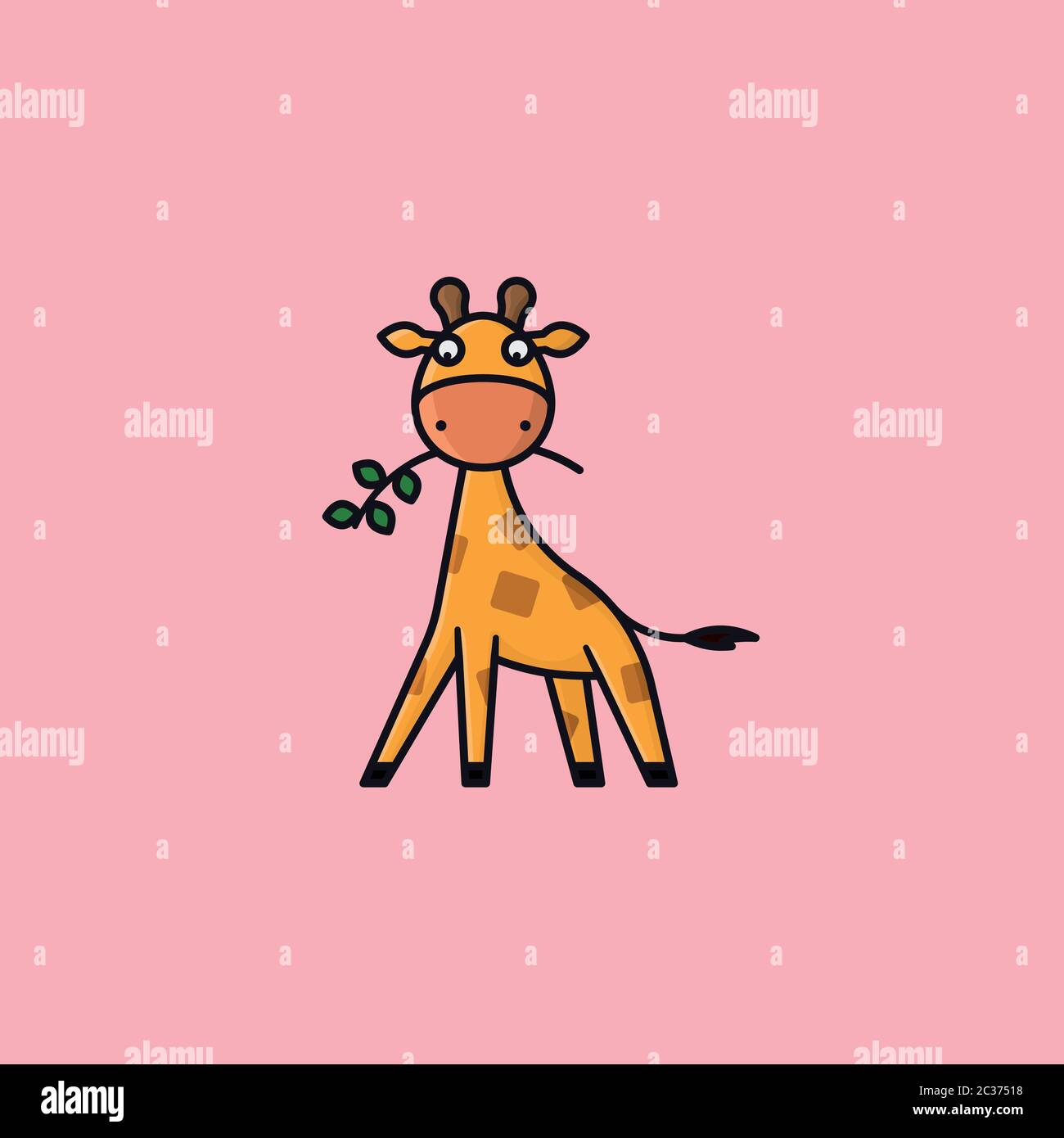Baby Giraffe cartoon character chewing branch vector illustration for Global Giraffe Day on June 21st. African wildlife symbol. Stock Vector