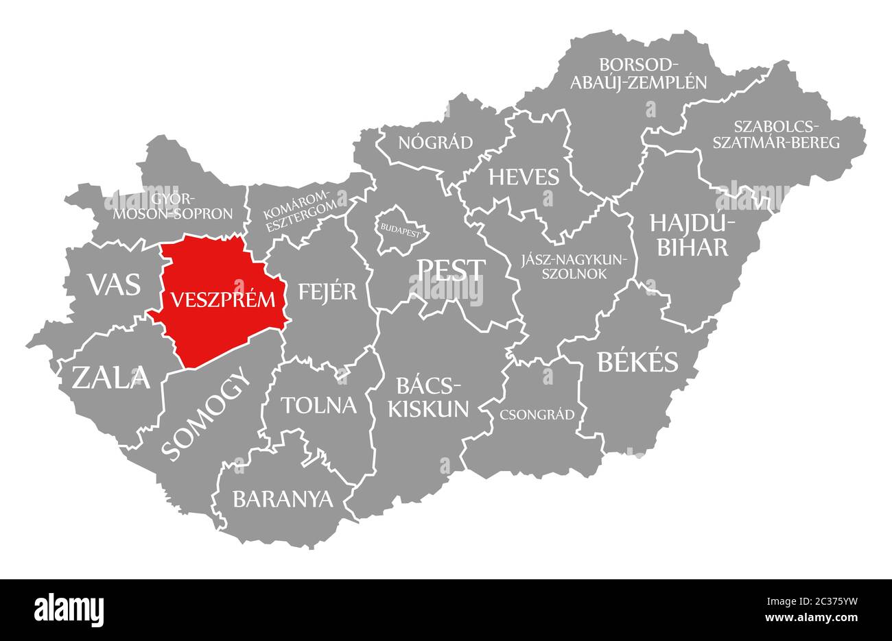 Veszprem red highlighted in map of Hungary Stock Photo - Alamy