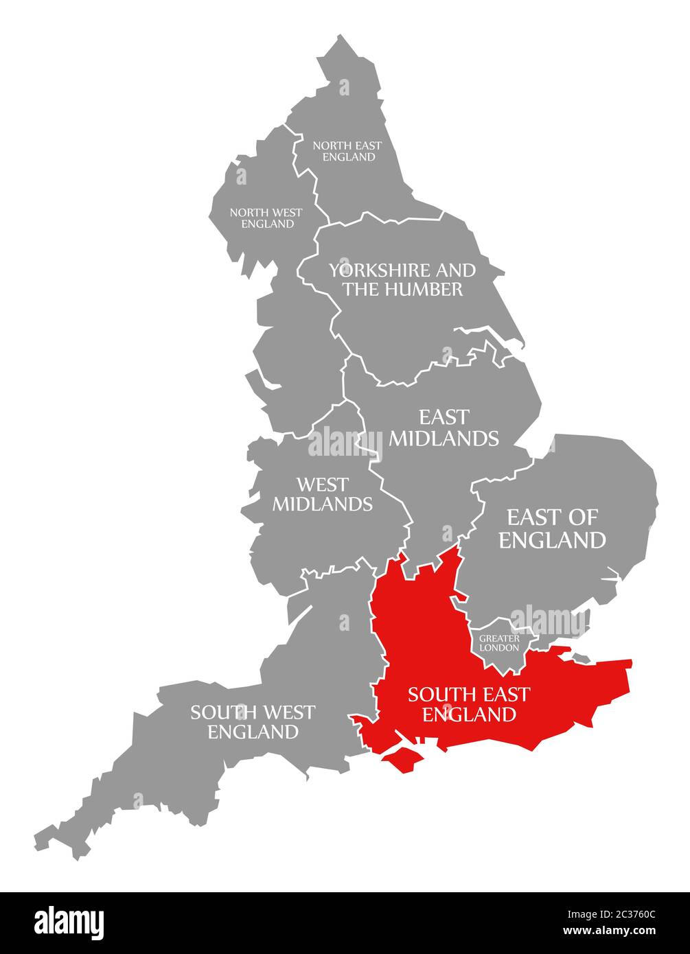 South East England red highlighted in map of England UK Stock Photo