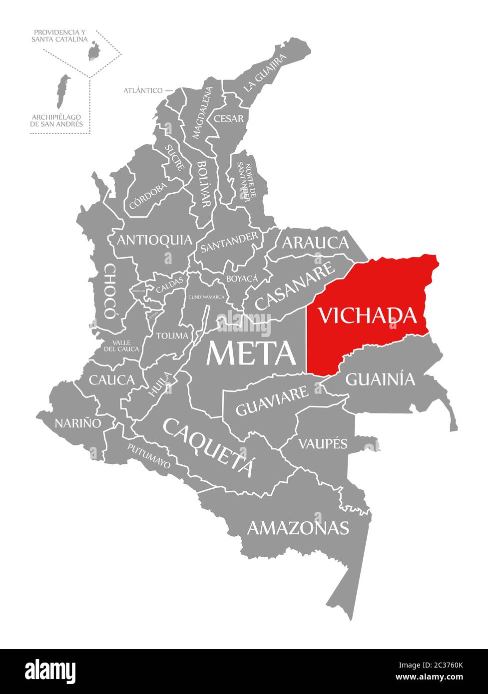 Vichada red highlighted in map of Colombia Stock Photo