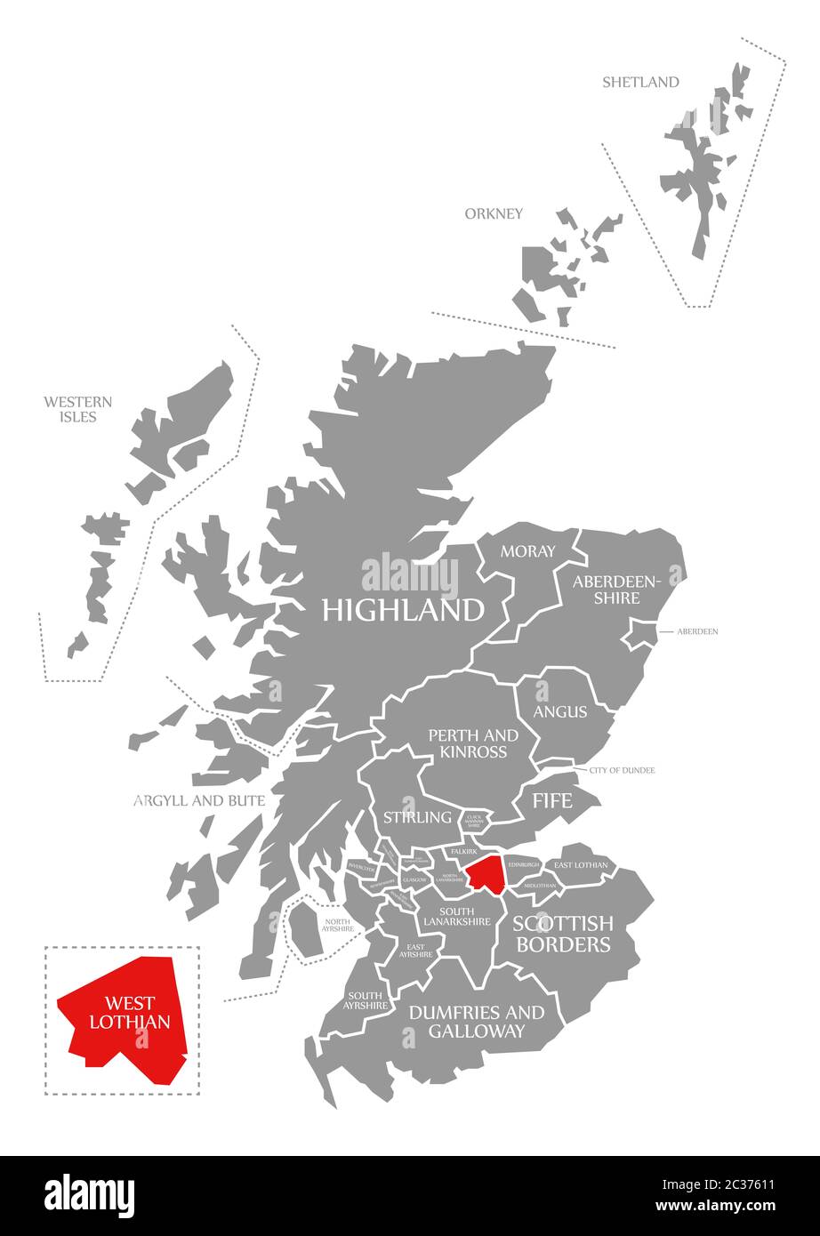 West Lothian red highlighted in map of Scotland UK Stock Photo Alamy