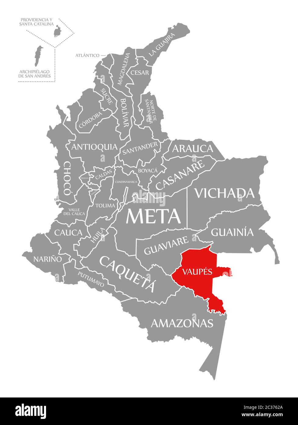 Vaupes red highlighted in map of Colombia Stock Photo