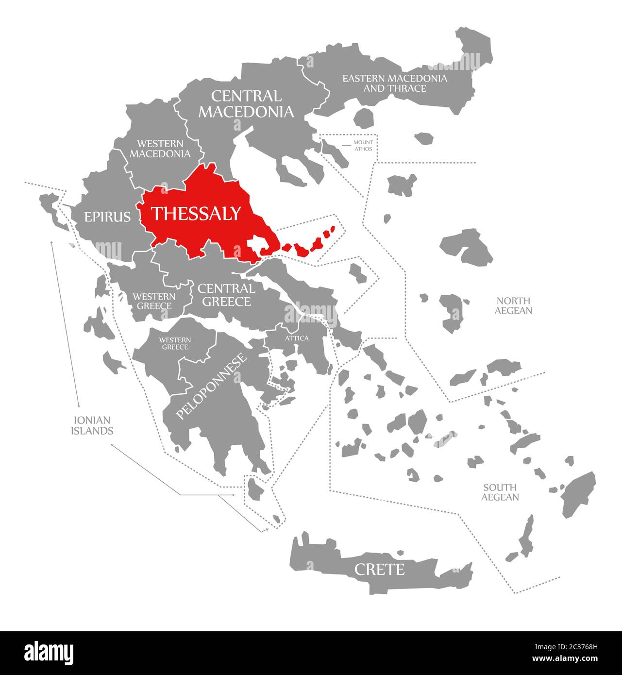 Thessaly red highlighted in map of Greece Stock Photo