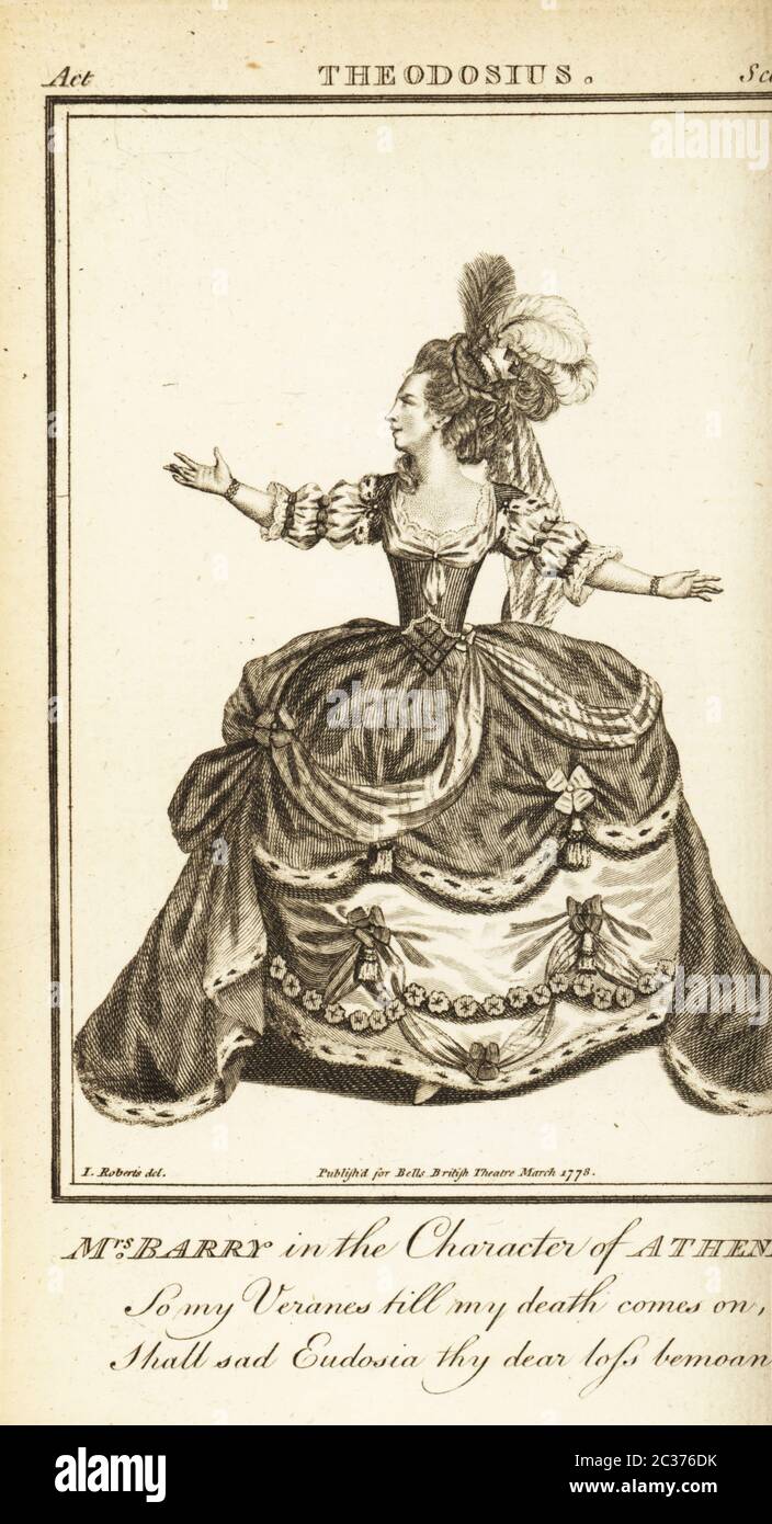 Mrs. Ann Barry in the character of Athenias in Nathaniel Lee’s Theodosius. Copperplate engraving by after an illustration by James Roberts from Bell’s British Theatre, Consisting of the most esteemed English Plays, John Bell, London, 1780. Stock Photo