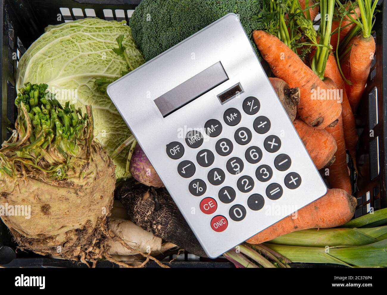The high prices of vegetables, calculator Stock Photo