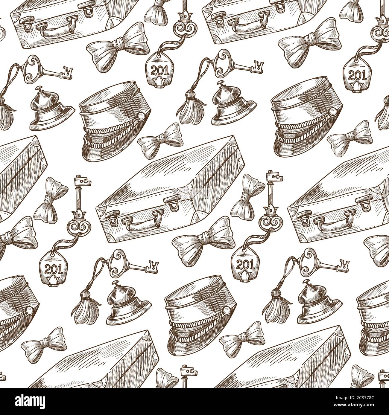 Hotel service key and bell, baggage and cap seamless pattern Stock Vector