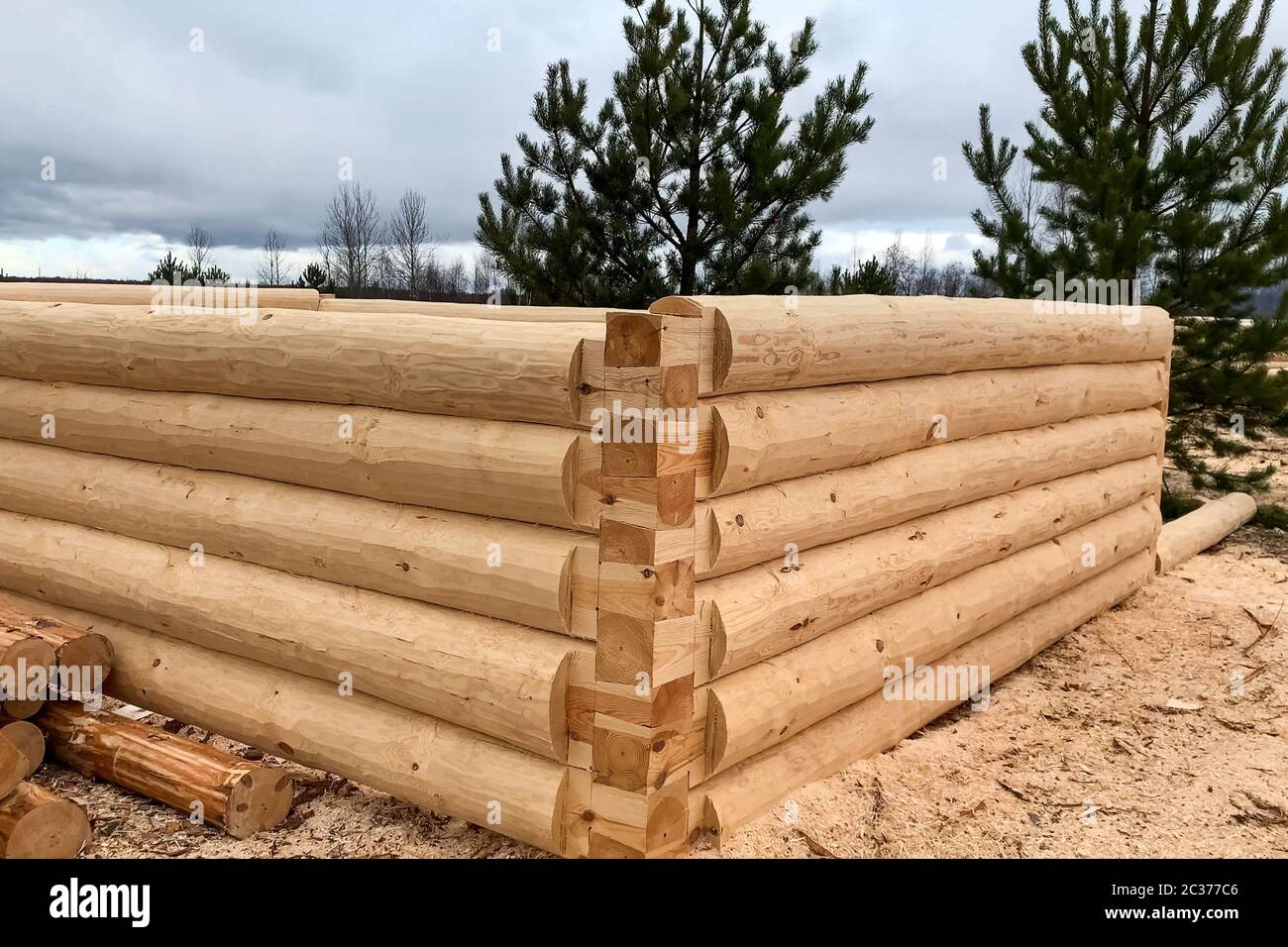 Drying and assembly of a wooden log house at a construction base
