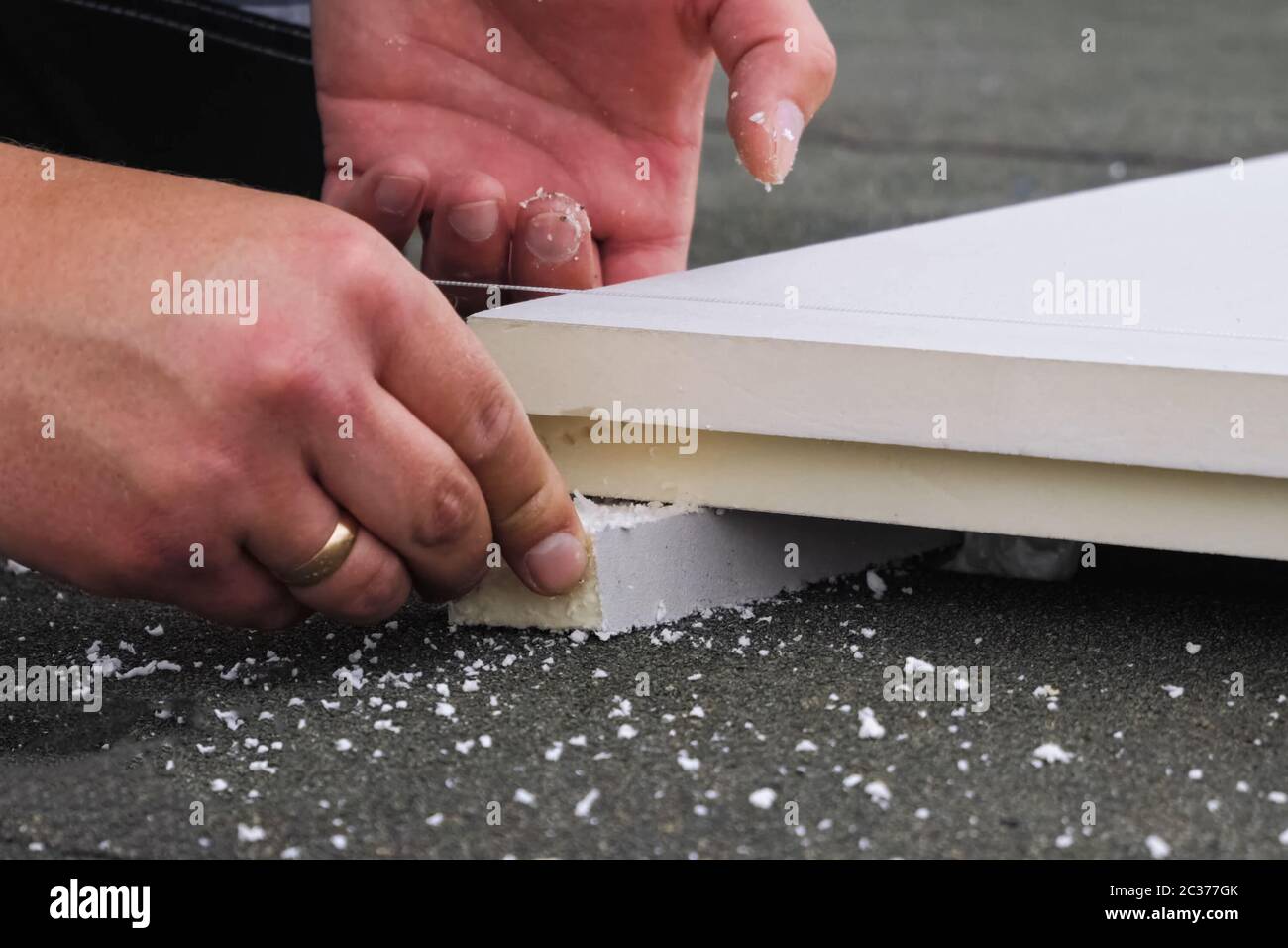 Roofing insulation, installation of insulation sheets on foam. Foam and