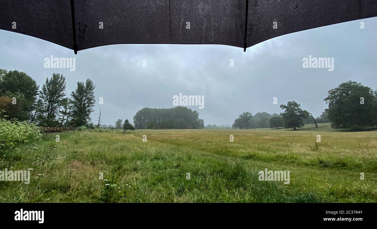 View from underneath an Umbrella on a wet rainy day walk through the Warwickshire countryside near Alcester, UK. Stock Photo