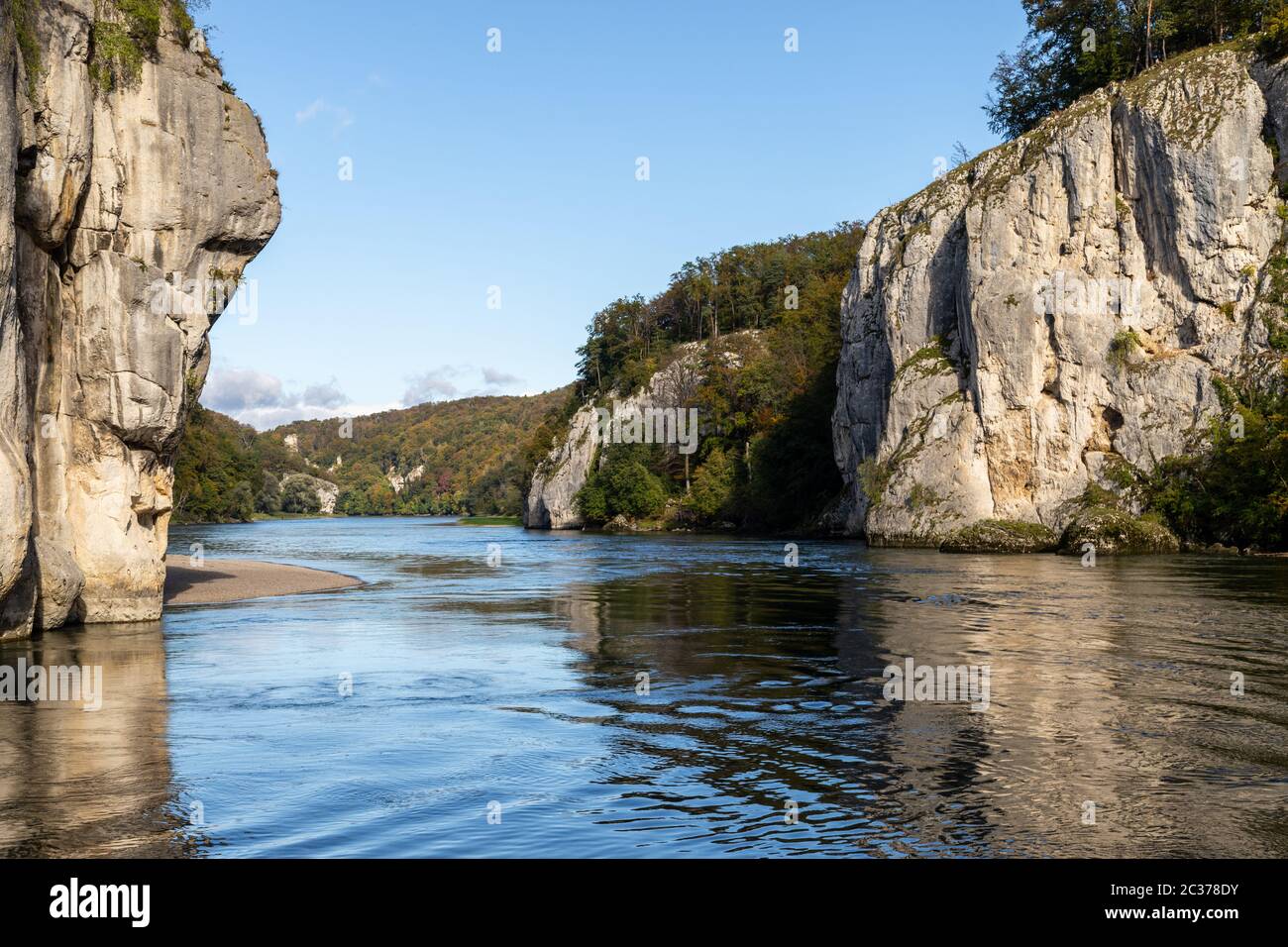Danube river breakthrough near Kelheim, Bavaria, Germany in autumn with limestone rock formations and clear water on a sunny day at autumn month octob Stock Photo