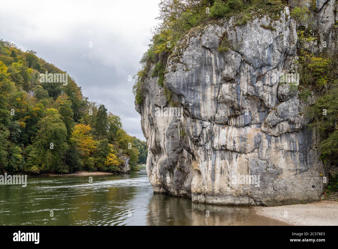 Nature reserve at Danube river breakthrough near Kelheim, Bavaria, Germany in autumn with limestone rock formations and plants with colorful leaves, a Stock Photo