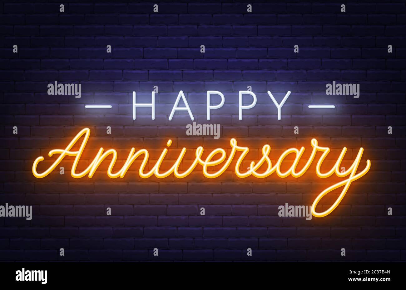Happy anniversary neon sign. Greeting card on dark background Stock