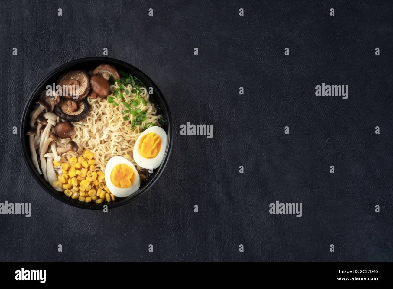 Ramen. Soba noodles with eggs, shiitake and enoki mushrooms, corn and