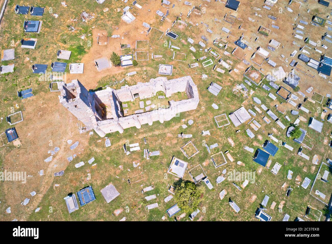 Historic church of Holy Salvation ruins and historic graveyard in Cetina aerial view Stock Photo