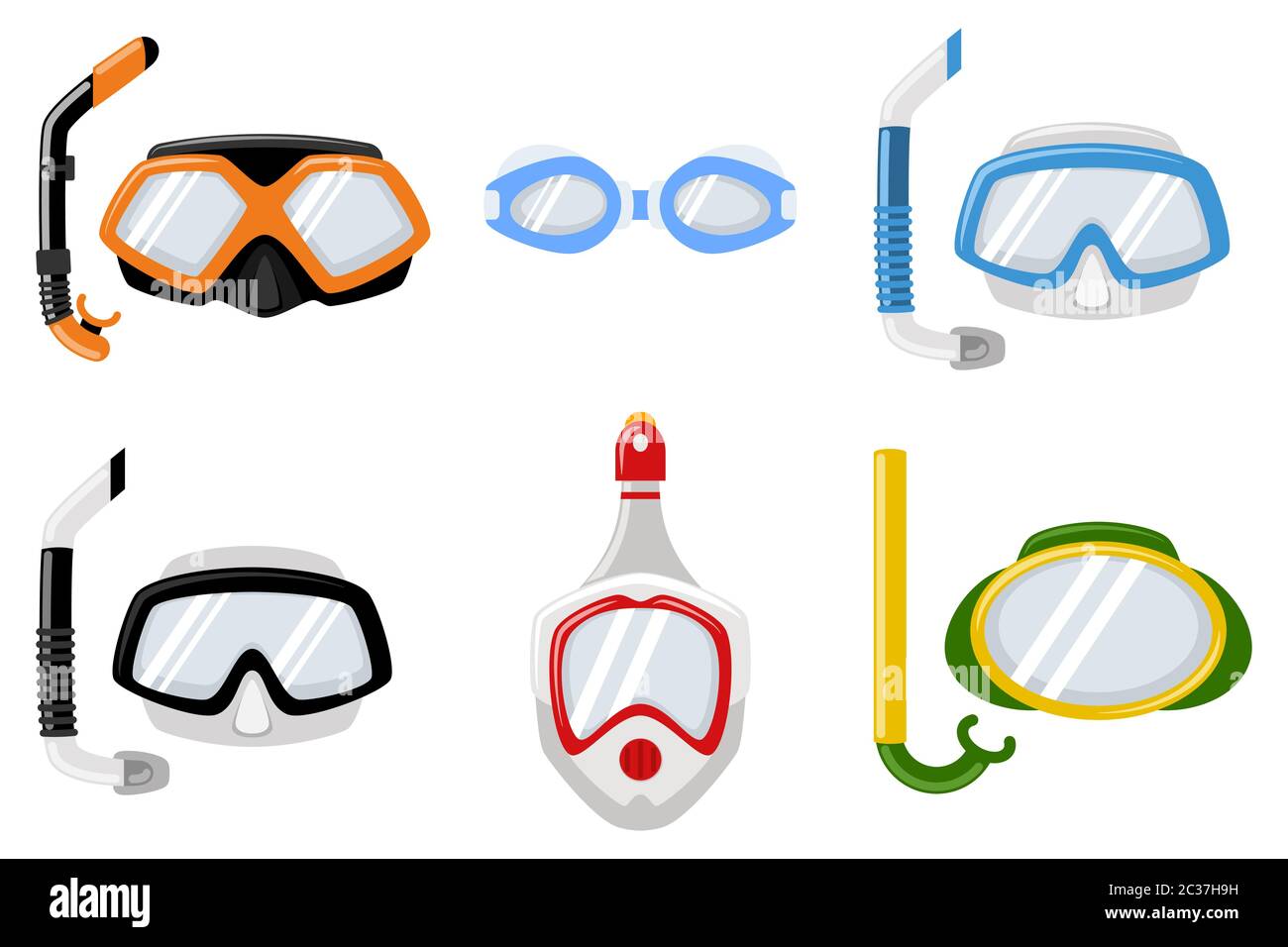 Snorkel masks for diving and swimming of different types. Vector cartoon flat icons set isolated on white background. Stock Vector
