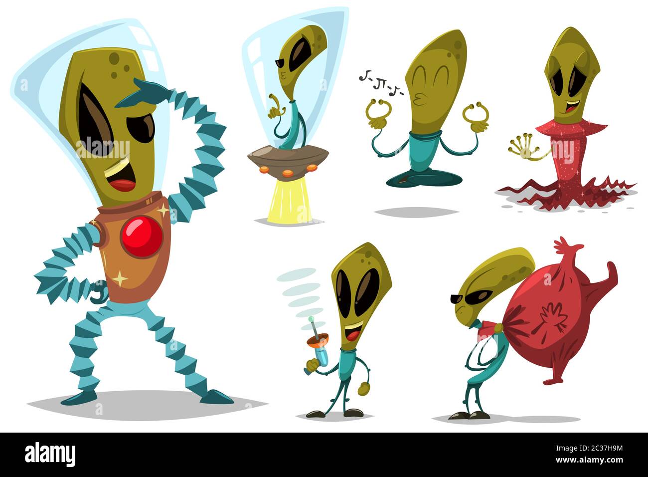 Funny green alien vector cartoon set. Cute extraterrestrial monsters character collection on UFO, in robot costume, with laser in hand and others. Ill Stock Vector