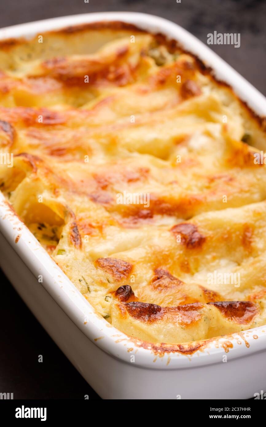 Cannelloni gratin filled with cheese in vertical format Stock Photo