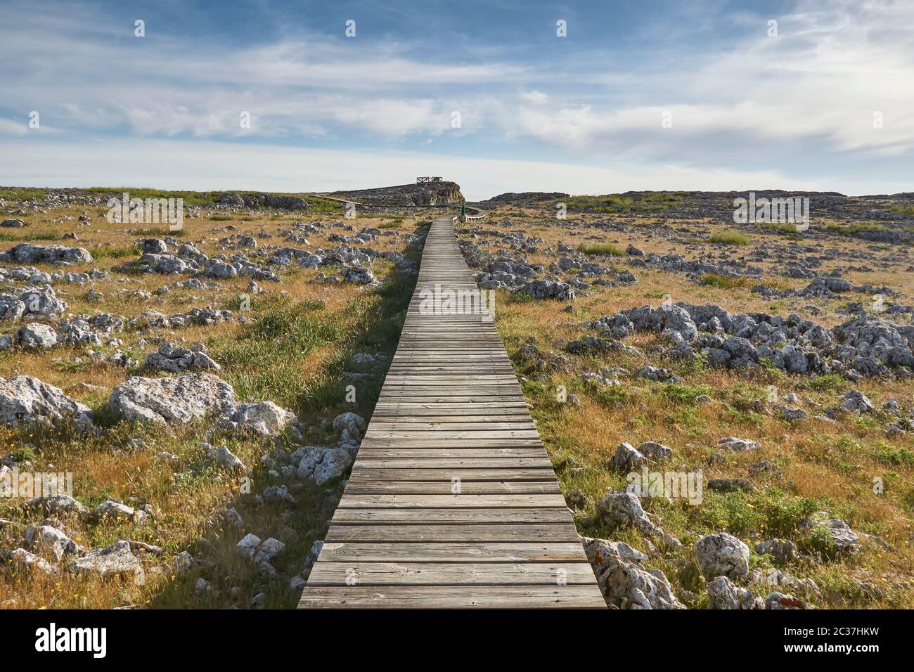 Wooden walkway for public use over the limestone rock landscape in Loja, Granada. Spain Stock Photo