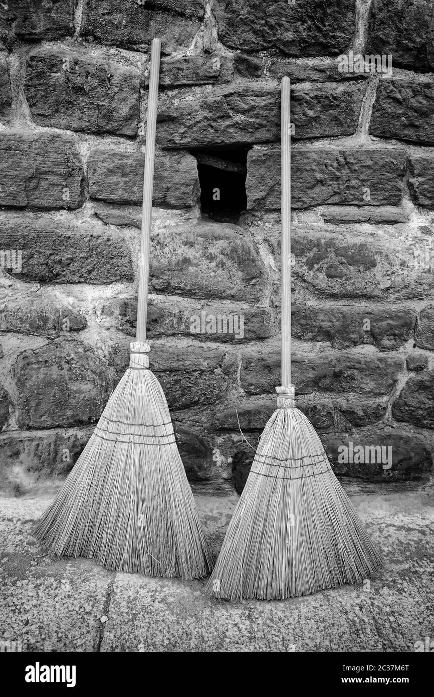 Brooms old, detail cleaning tools for the home, hand instrument Stock Photo