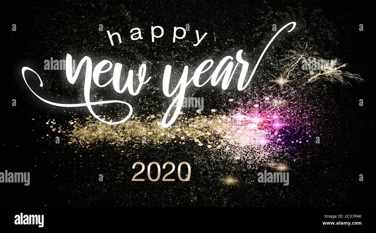 Happy New Year 2020 postcard or poster theme with sparkling colorful fireworks on black background with festive sign Stock Photo