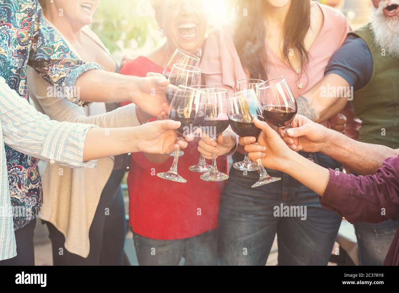 Happy family toasting with red wine glasses at dinner outdoor - People having fun cheering and drinking while dining together Stock Photo