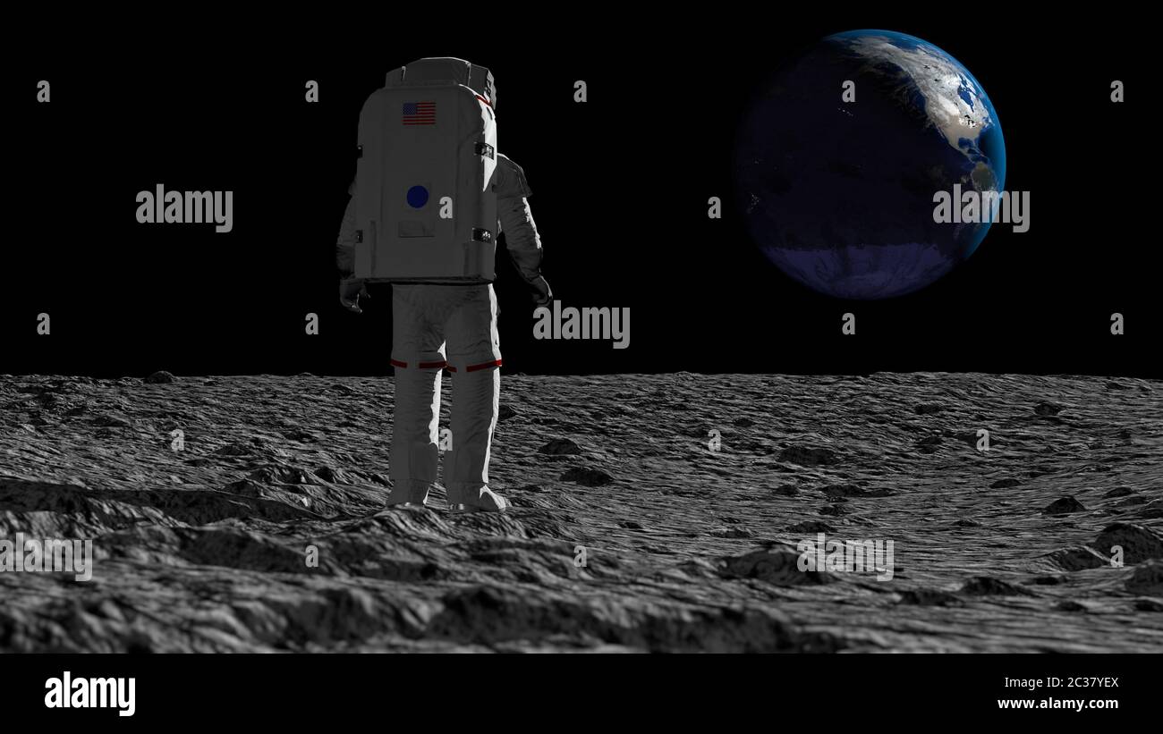 3d Rendering Astronaut Walking On The Moon And Admiring The Beautiful