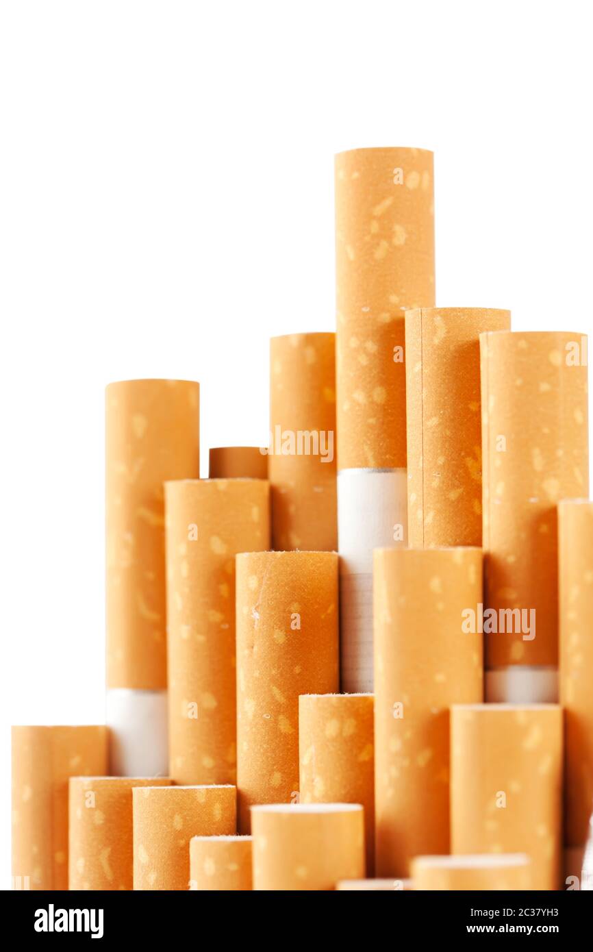 Cigarettes with the yellow filter on white background Stock Photo Alamy