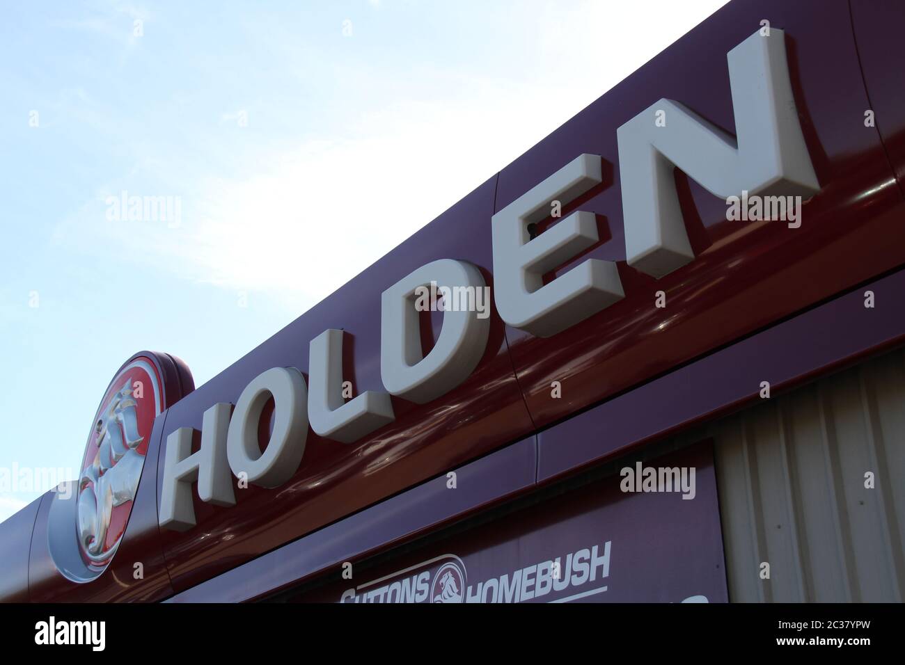 The Holden logo and name at Holden Suttons car sales at 112 Parramatta Road, Homebush, western
