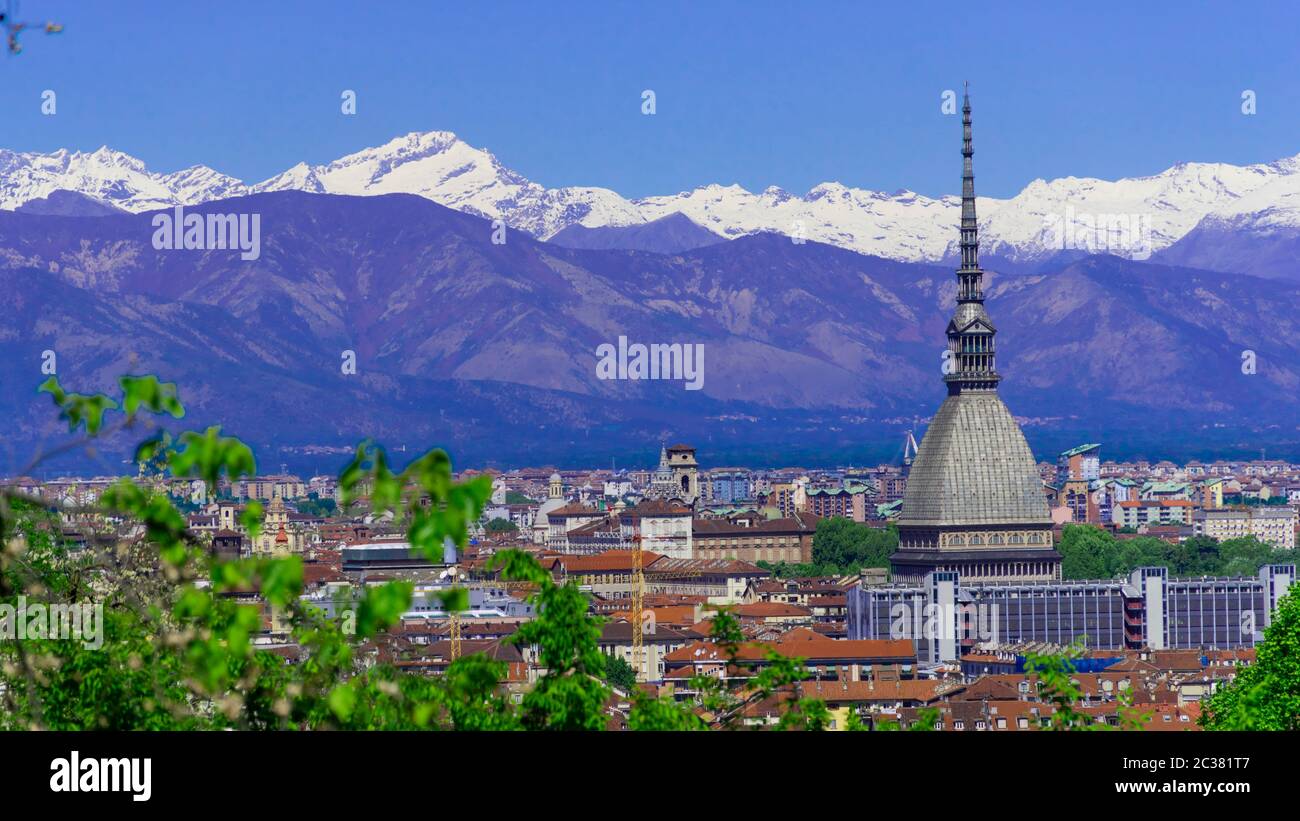 Turin Torino aerial timelapse skyline panorama with Mole Antonelliana ...