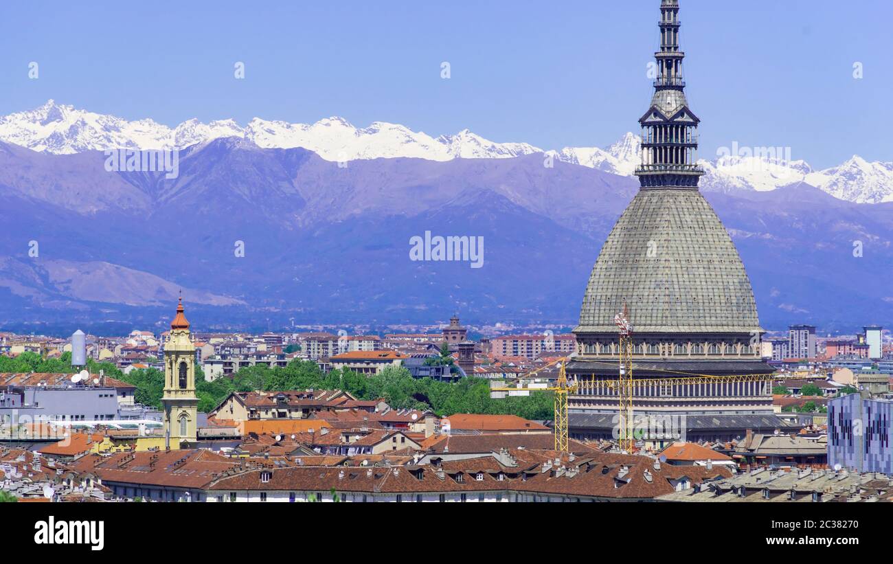 Turin Torino aerial timelapse skyline panorama with Mole Antonelliana ...